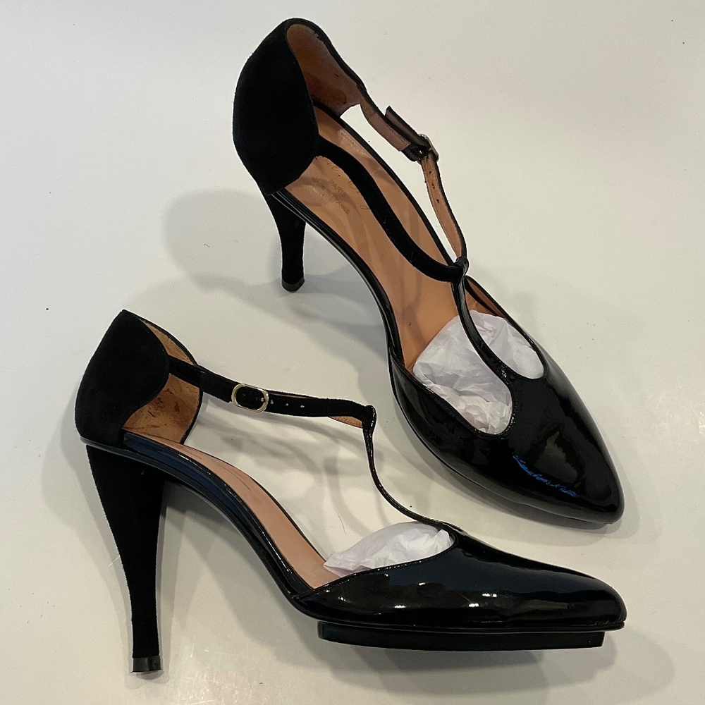 ROBERT CLERGERIE Daltord Black Patent  & Suede Pointed Toe Heels Size 8.5